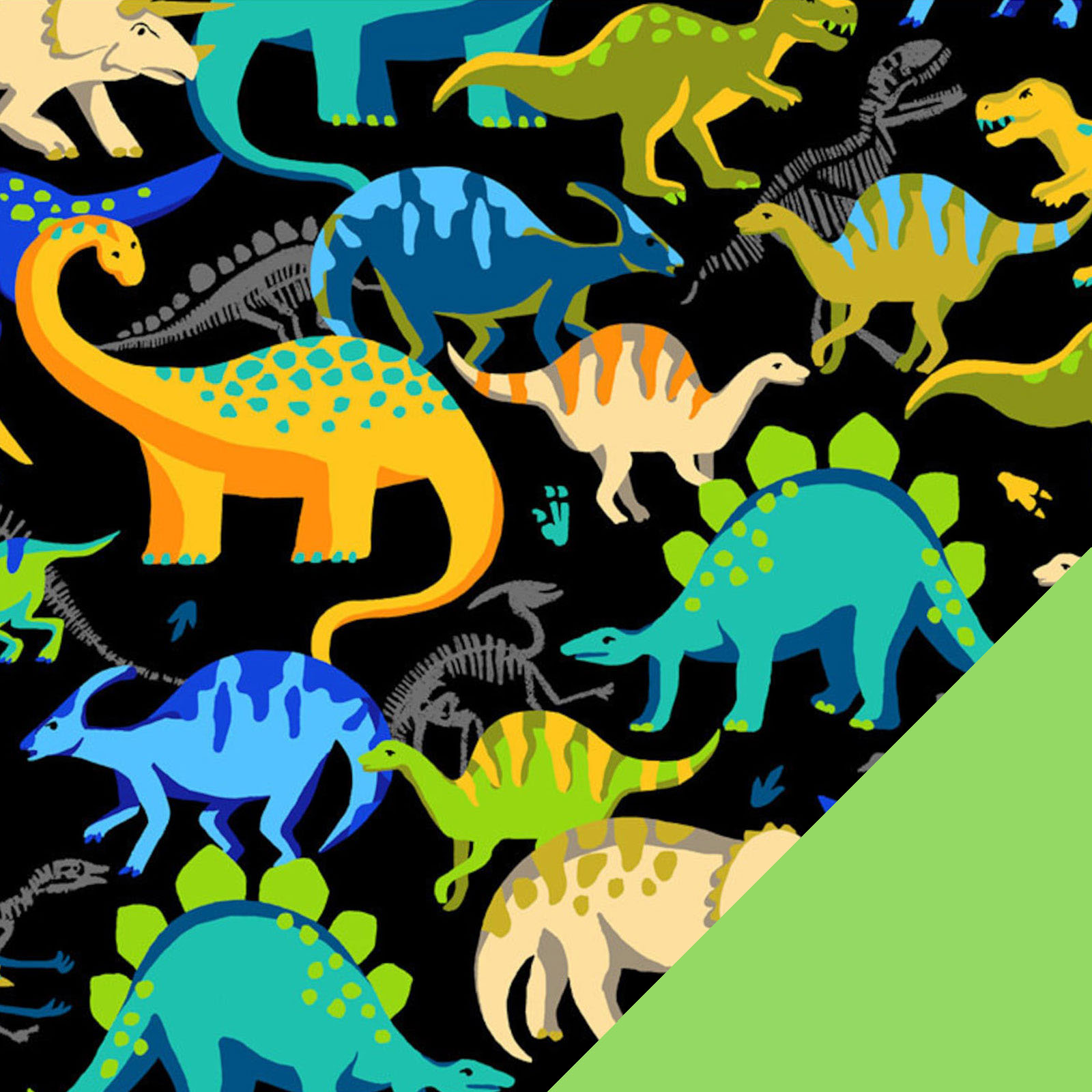 Jurassic Dinos fleece fabric with Lime Fleece
