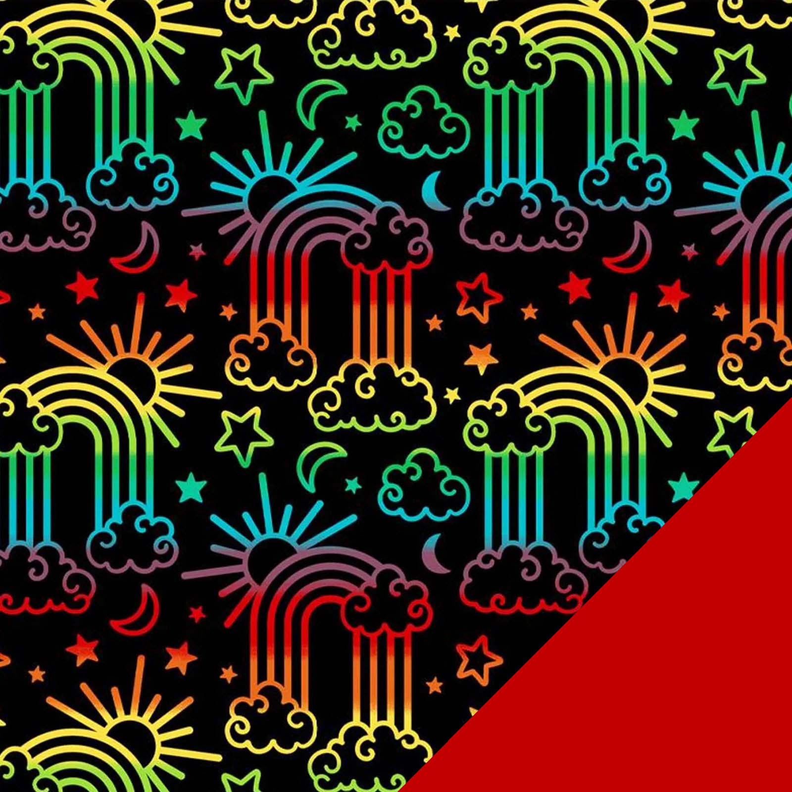 Retro Rainbows fleece fabric with Red Fleece