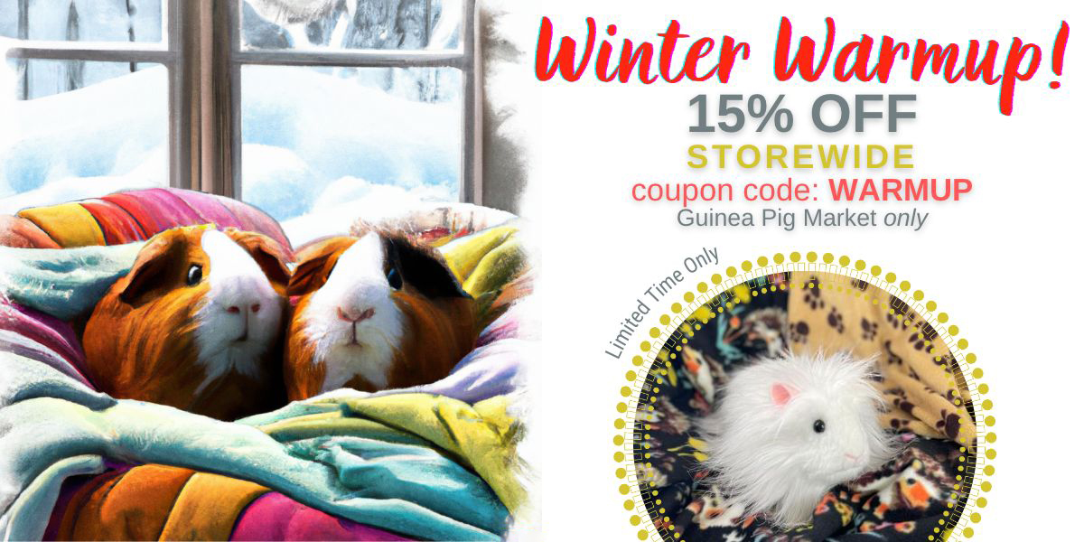 Winter Warmup Sale image with two arty guinea pigs and a guinea pig in fleece fabrics