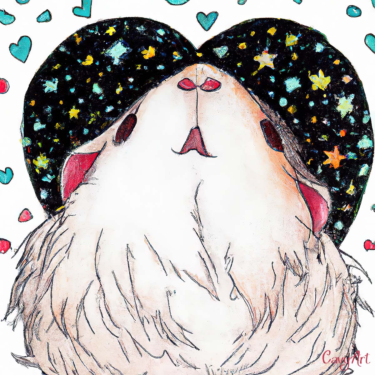 guinea pig in front of a heart with stars illustration by CavyArt