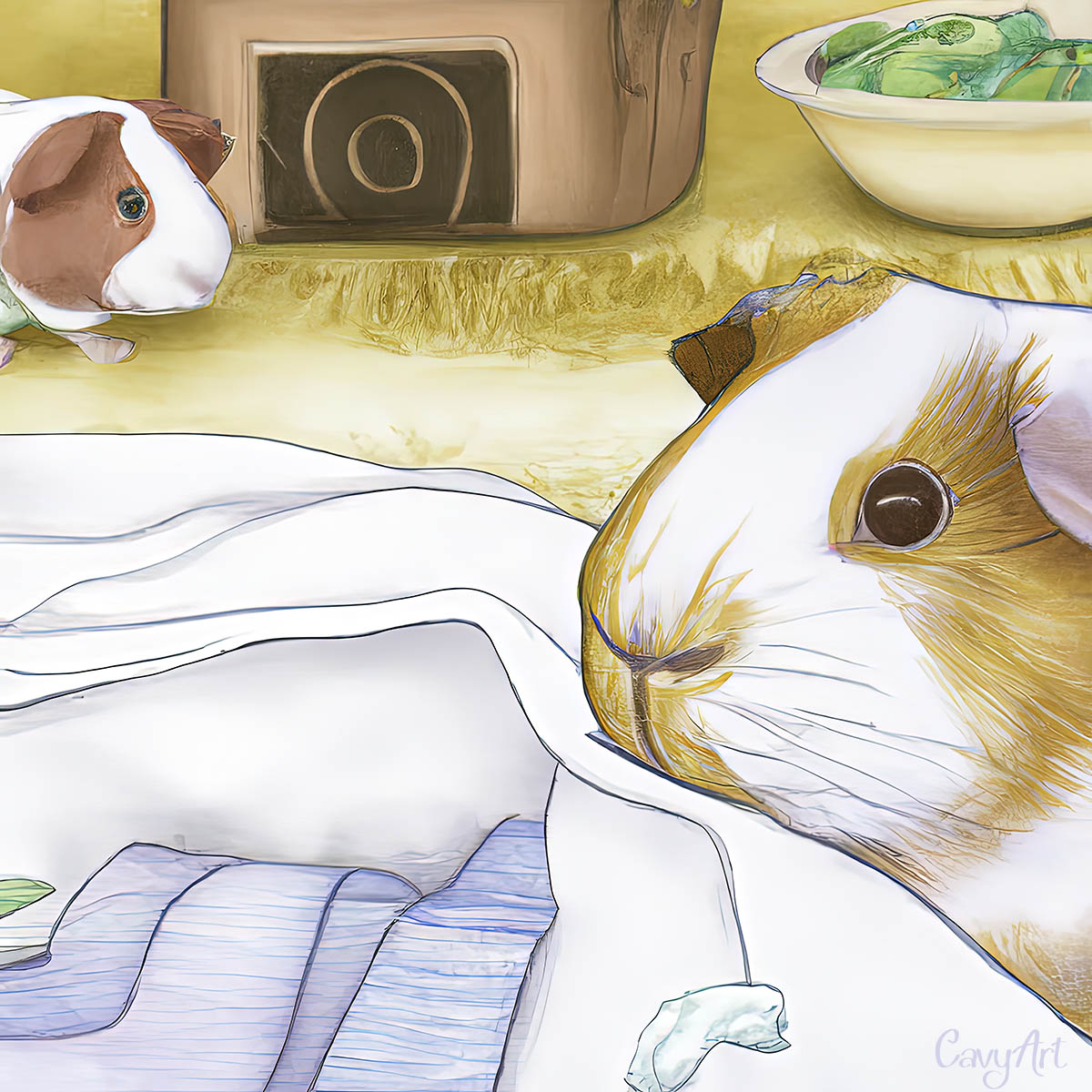 two guinea pigs with fabric illustration - CavyArt