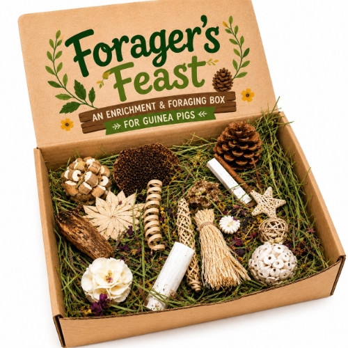 Foragers Feast guinea pig foraging box, guinea pig enrichment box, guinea pig toys, guinea pig foraging toys, natural guinea pig toys, guinea pig boredom buster, guinea pig gift box