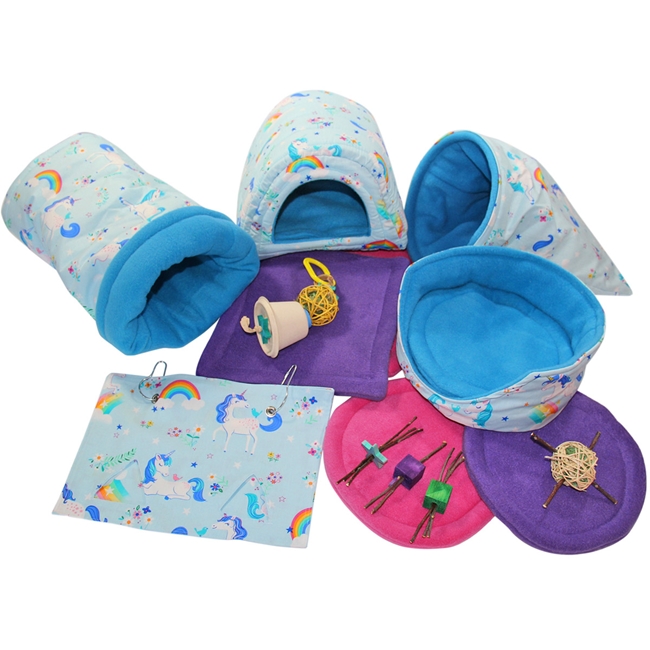 Whimsical "Deluxe" Blue Unicorns Cozies and Toy Bundle for Guinea Pigs and Other Small Animals