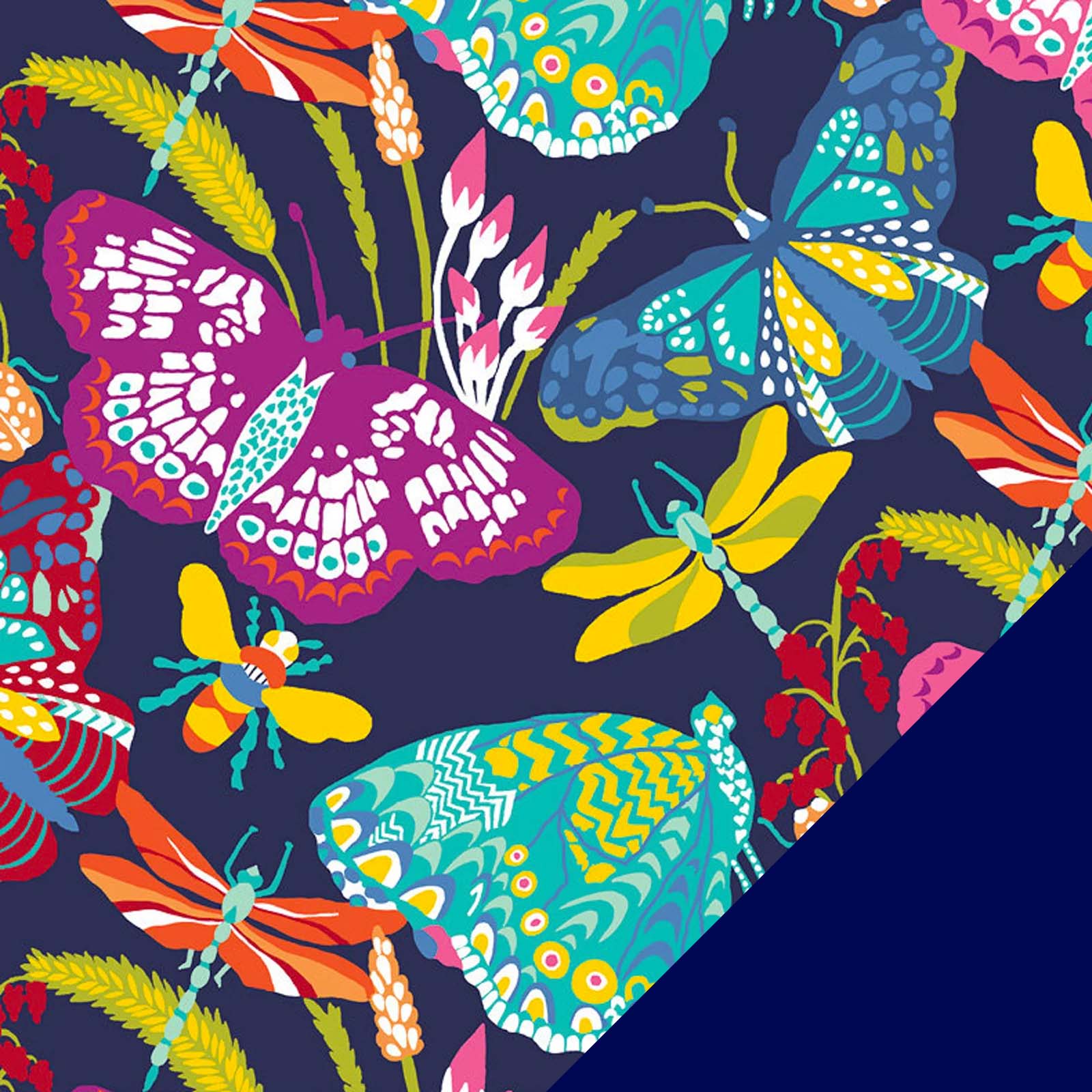 Butterflies and Dragonflies Fleece Fabric with Navy