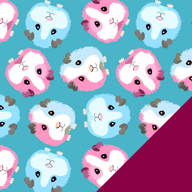 Guinea pigs on Blue fleece fabric paired with Burgandy