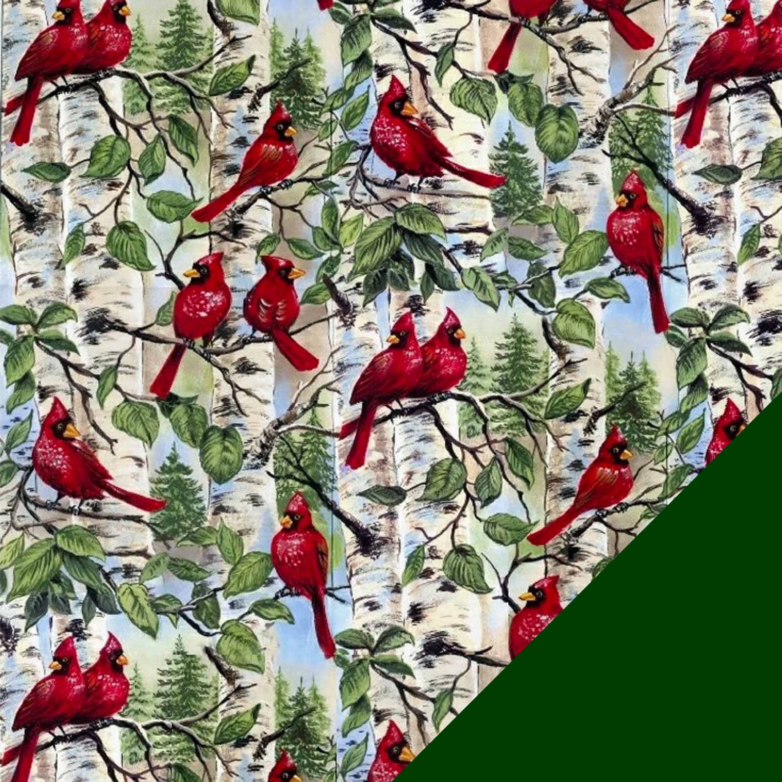 Wild Cardinals Fleece Fabric with Hunter Green